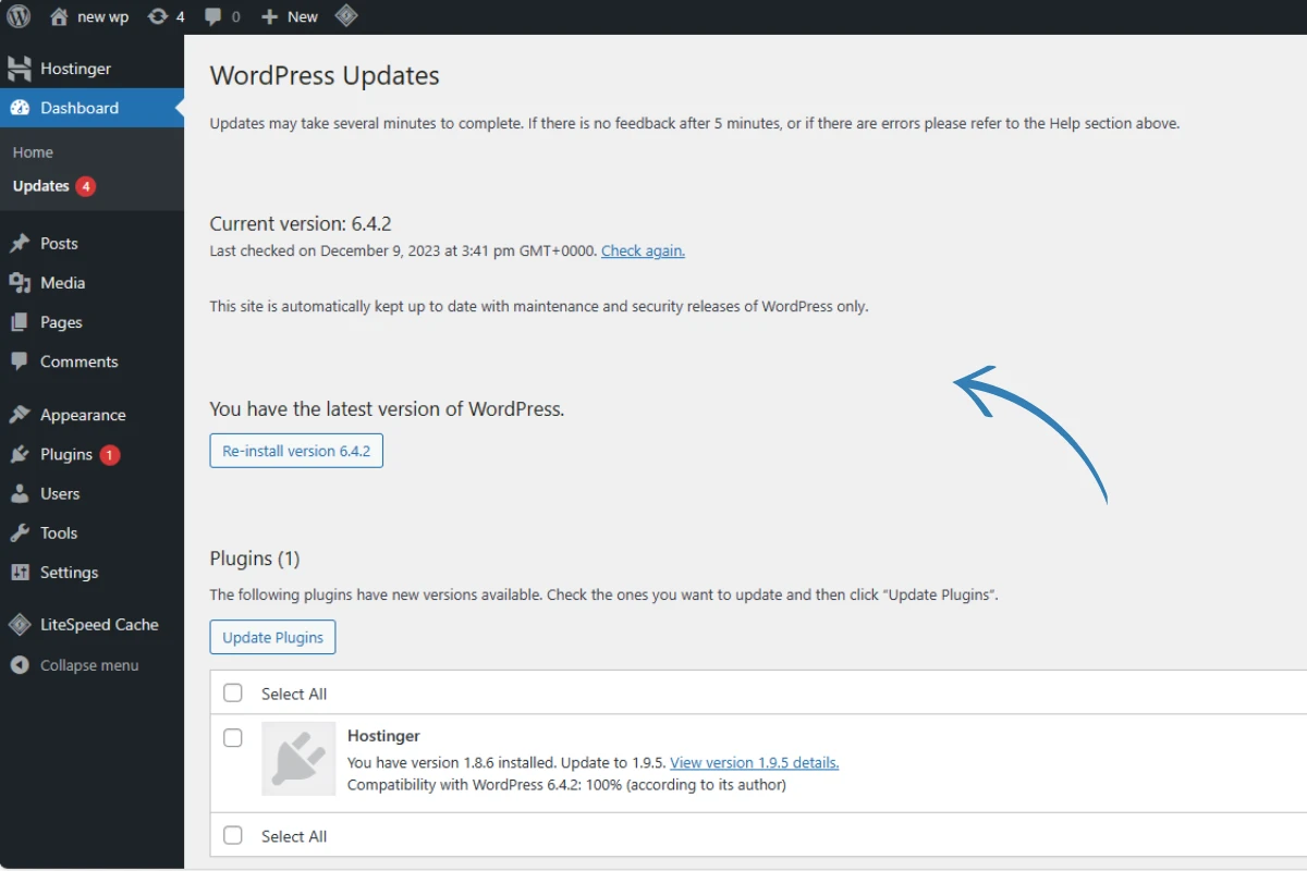 Screenshot of wordpress update.