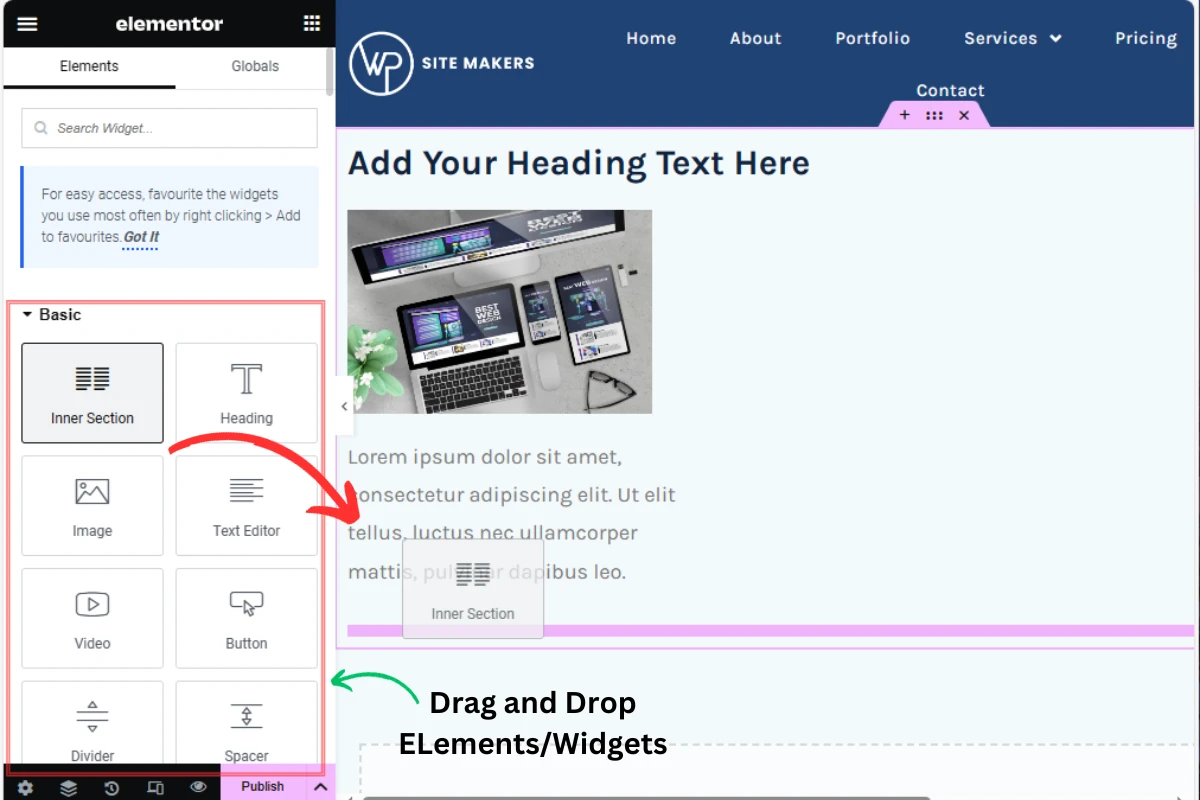 A screenshot showing Elementor page builder with its widgets to show drag and drop features and how easy is to use wordpress to users .