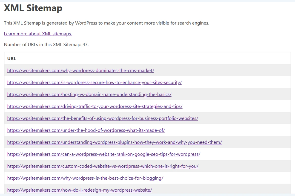 screenshot of sitemap of wpsitemakers