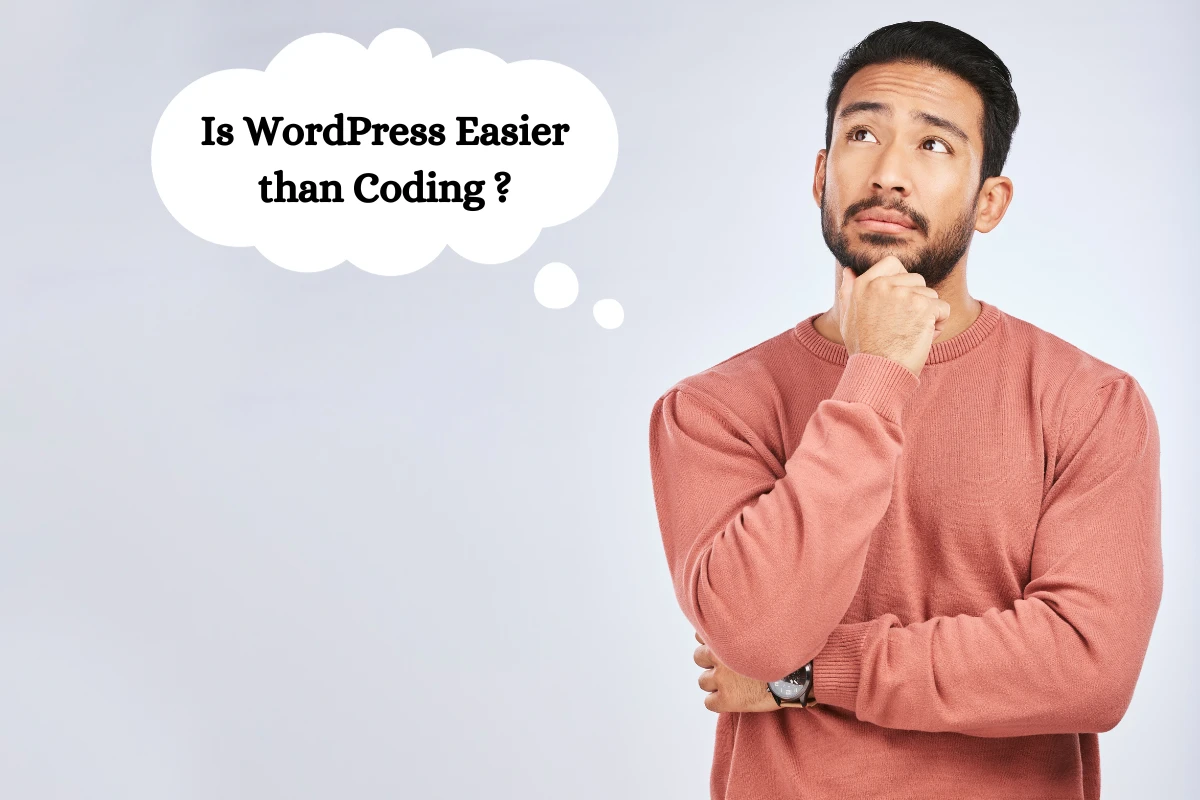 a man standing wondering whether wordpress is easier than coding