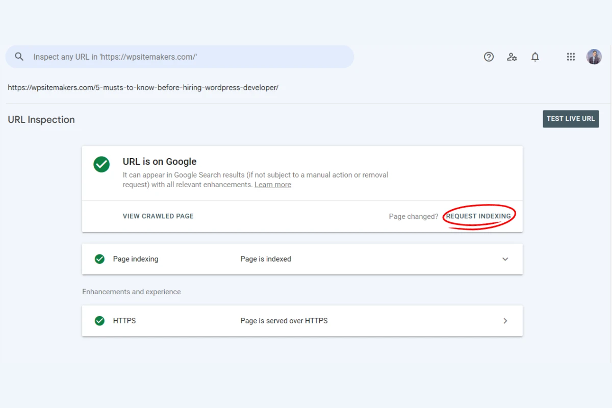 Request indexing In google search console