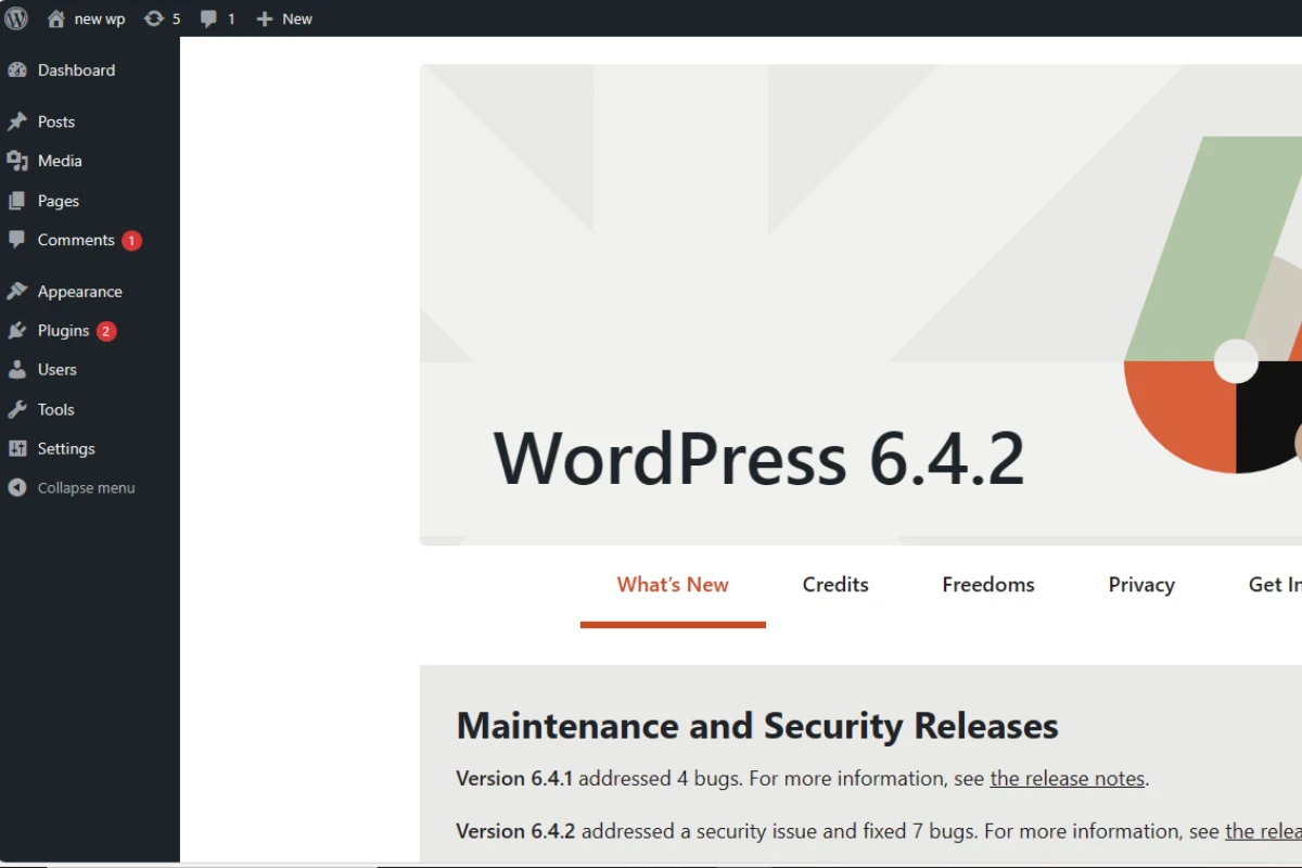 Screenshot of wordpress Dashboard